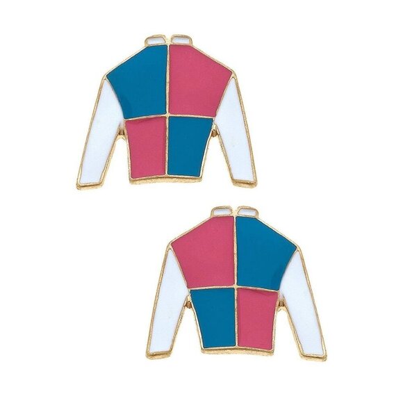 Canvas Style - Sir Barton Jockey Silk Enamel Stud Earrings in Fuchsia & Blu - Picture 1 of 1